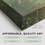 Corner shot of a Whelhung easy to hang canvas print showing the 1.25" inch gallery wrap thickness and graphic saying "Affordable, Quality Art", "Vibrant Colors", "Handcrafted", "Ultralight" and "Sturdy Design."