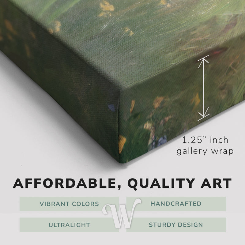 Corner shot of a Whelhung easy to hang canvas print showing the 1.25" inch gallery wrap thickness and graphic saying "Affordable, Quality Art", "Vibrant Colors", "Handcrafted", "Ultralight" and "Sturdy Design."