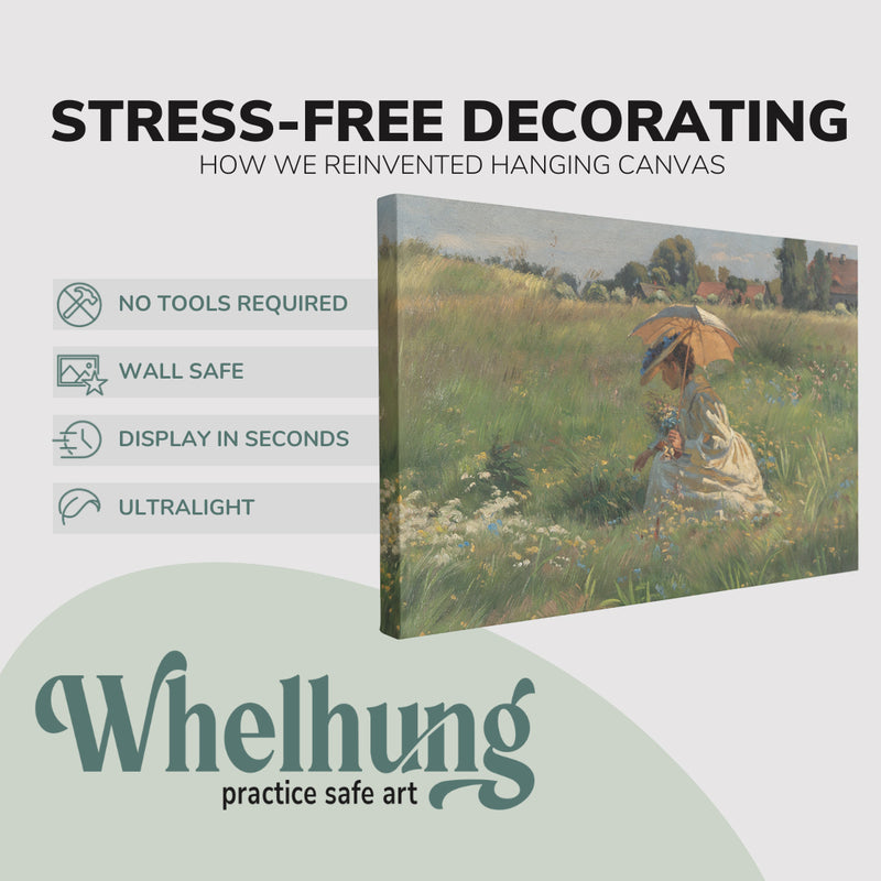 single, 2:3 horizontal easy to hang canvas print on a graphic displaying the stress-free decorating Whelhung offers, how we reinvented hanging canvas: "no tools required", "wall safe"", "display in seconds" and "ultralight."