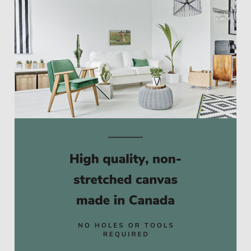 Lifestyle image of the vertical, 12x18 inch easy to hang canvas wall art hung in a modern living room above a loveseat and cactus with graphic saying "High quality, non-stretched canvas made in Canada"