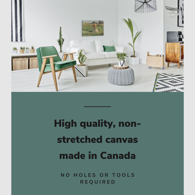 Lifestyle image of the vertical, 20x30 inch easy to hang canvas wall art hung in a modern living room above a loveseat and cactus with graphic saying "High quality, non-stretched canvas made in Canada"