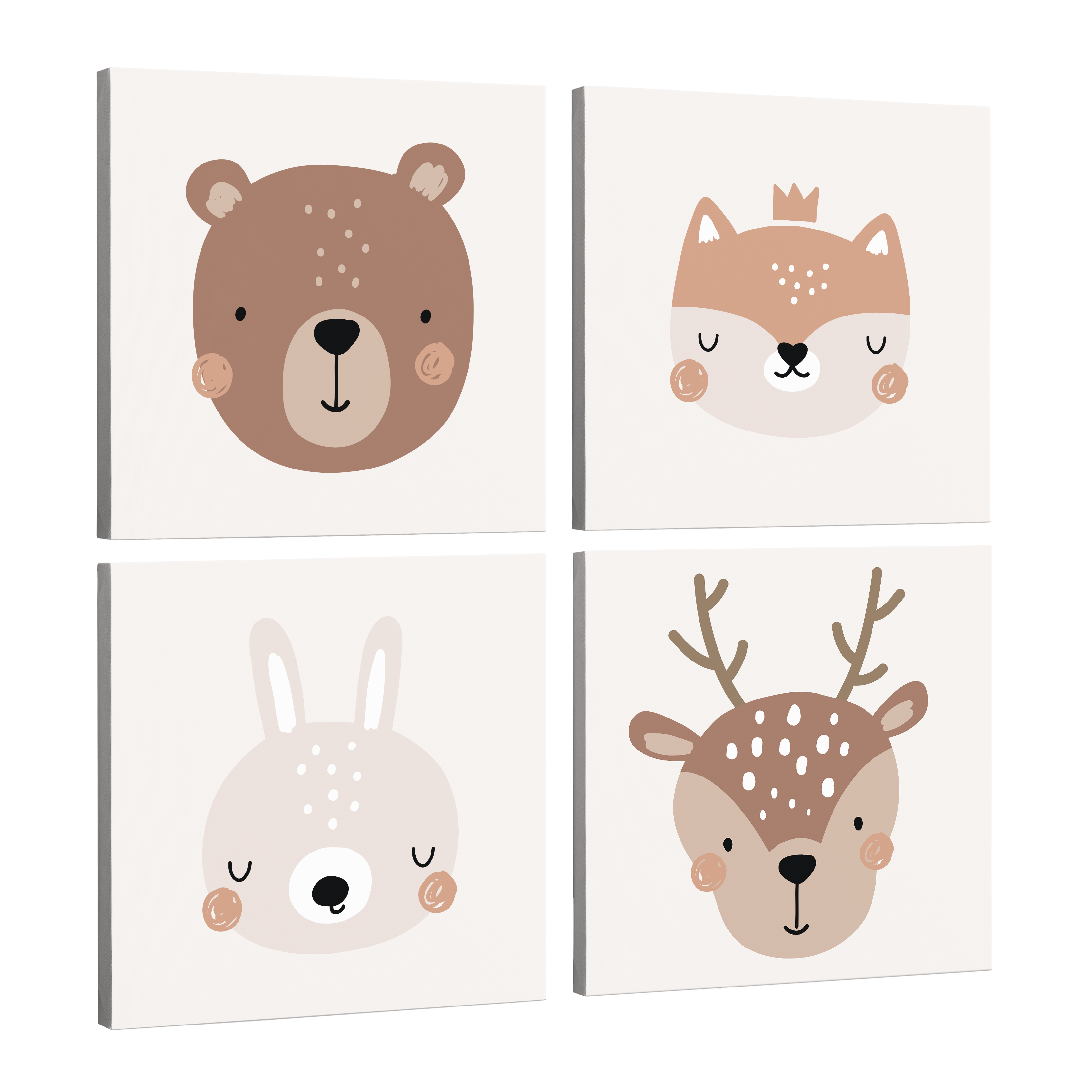 Set of 4, square easy to hang canvas prints on a transparent background featuring images of minimalist portraits of cartoon woodland animals like a brown bear, fox, white rabbit or bunny and a deer or fawn on light grey backgrounds.