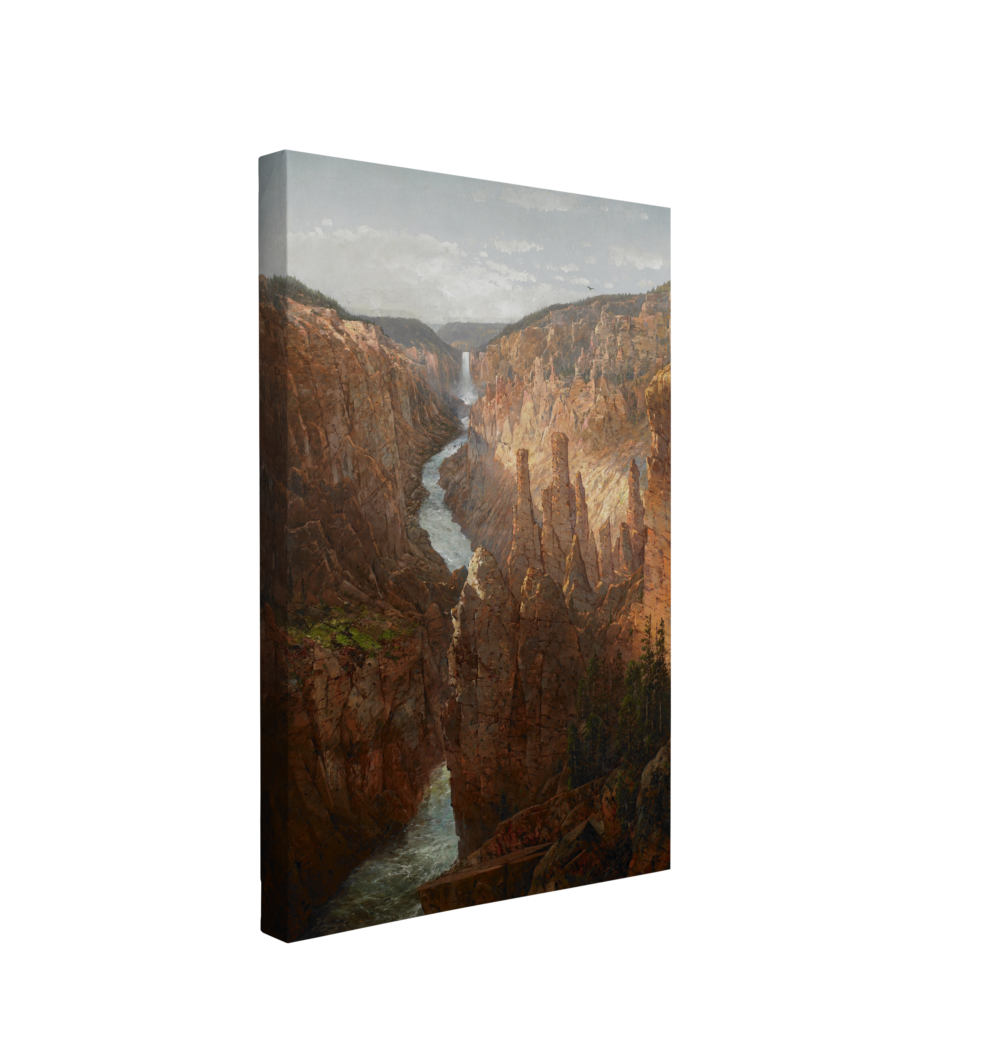 Single, 2:3 vertical easy to hang canvas print on a transparent background featuring an image of a vintage painting of the Yellowstone River in the Grand Canyon, a river surrounded by Buttes and desert landscape. 