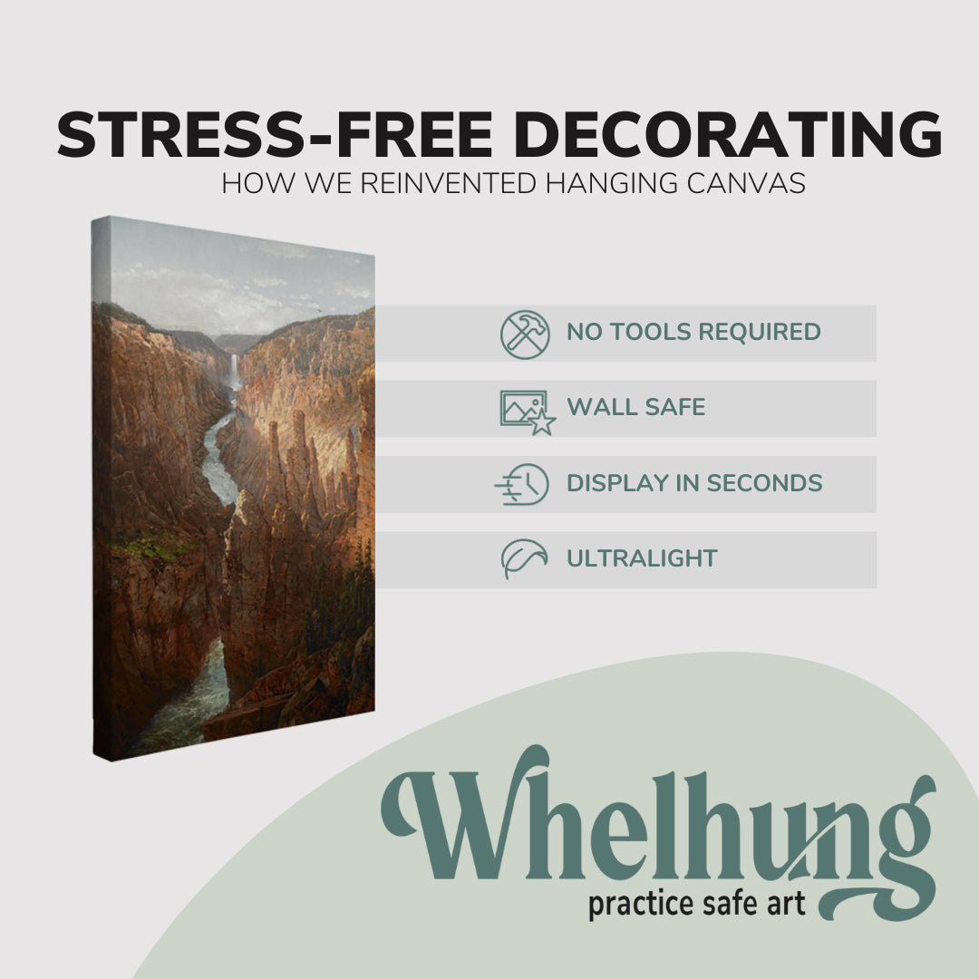 Single, 2:3 vertical easy to hang canvas print on a graphic displaying the stress-free decorating Whelhung offers, how we reinvented hanging canvas: "no tools required", "wall safe", "display in seconds" and "ultralight." 