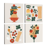 set of four, square easy to hang canvas prints on a transparent background featuring four canvases with minimalist graphics of spaghetti ingredients including tomatoes, cheese, parmesan, basil, garlic and pasta. One canvas features a red colander, one a fork. All on white backgrounds with italian colors, red and green. 