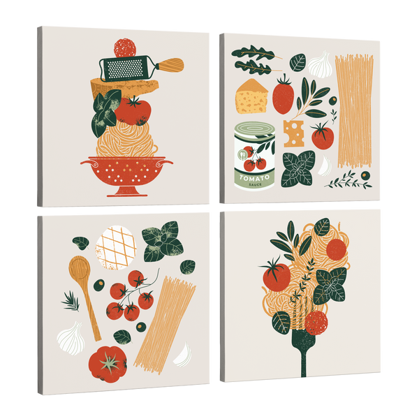 set of four, square easy to hang canvas prints on a transparent background featuring four canvases with minimalist graphics of spaghetti ingredients including tomatoes, cheese, parmesan, basil, garlic and pasta. One canvas features a red colander, one a fork. All on white backgrounds with italian colors, red and green. 