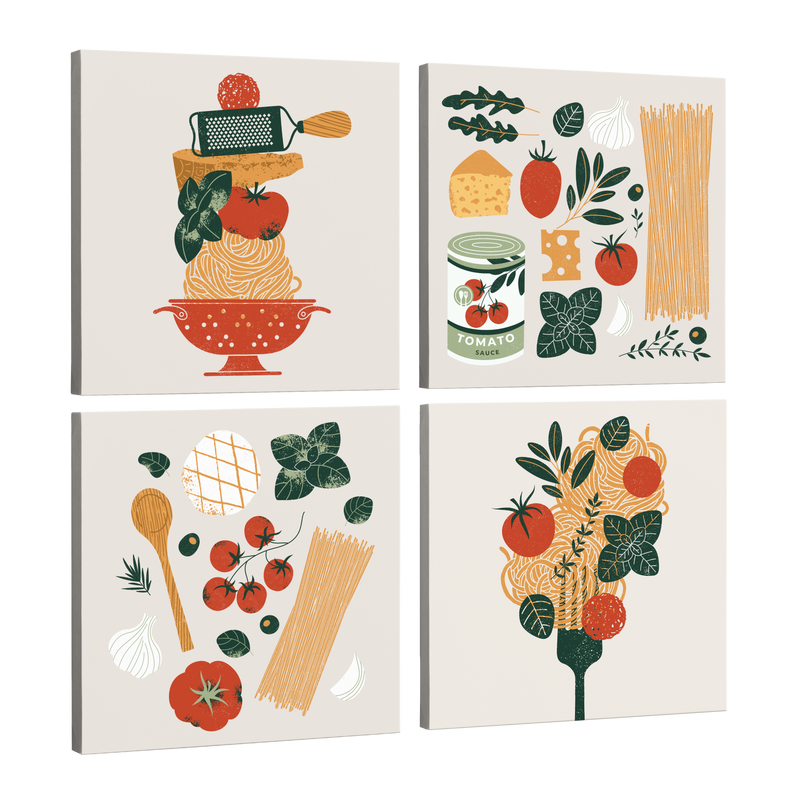 set of four, square easy to hang canvas prints on a transparent background featuring four canvases with minimalist graphics of spaghetti ingredients including tomatoes, cheese, parmesan, basil, garlic and pasta. One canvas features a red colander, one a fork. All on white backgrounds with italian colors, red and green. 