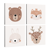 Boho Woodland Animals Set of 4 Panels - Square - Minimalist Forest Animals, Brown Bear, Red Fox, White Bunny, Deer Whelhung
