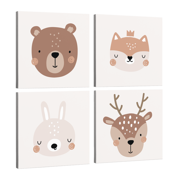 Boho Woodland Animals Set of 4 Panels - Square - Minimalist Forest Animals, Brown Bear, Red Fox, White Bunny, Deer Whelhung