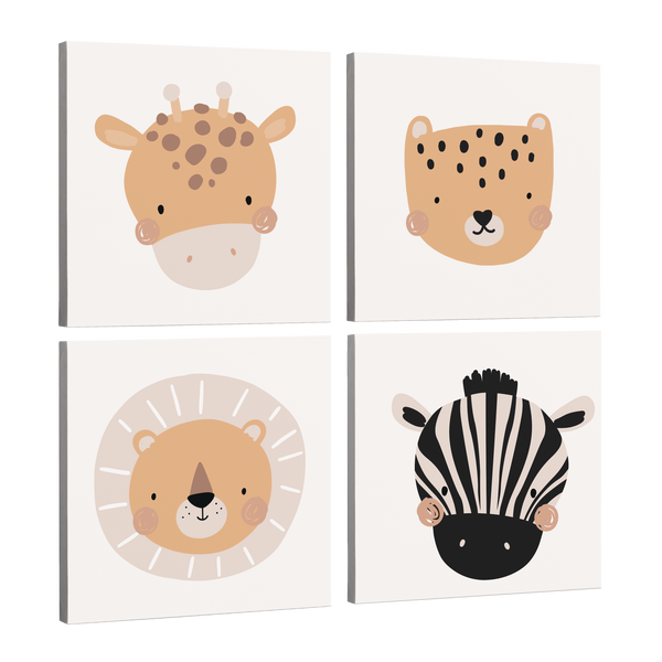 Boho Safari Animals Set of 4 Panels - Square - Minimalist African Animals, Giraffe, Cheetah, Lion, Zebra Whelhung
