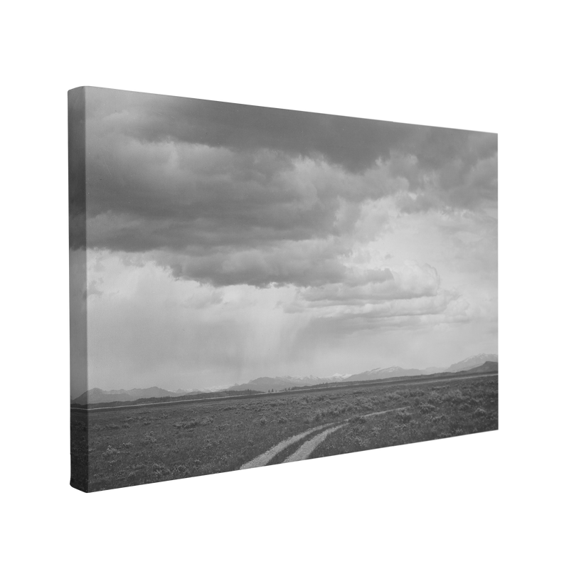 Black and White Grand Teton Cloudy Sky Mountains Road Photography - Canvas Print Wall Art Décor Whelhung