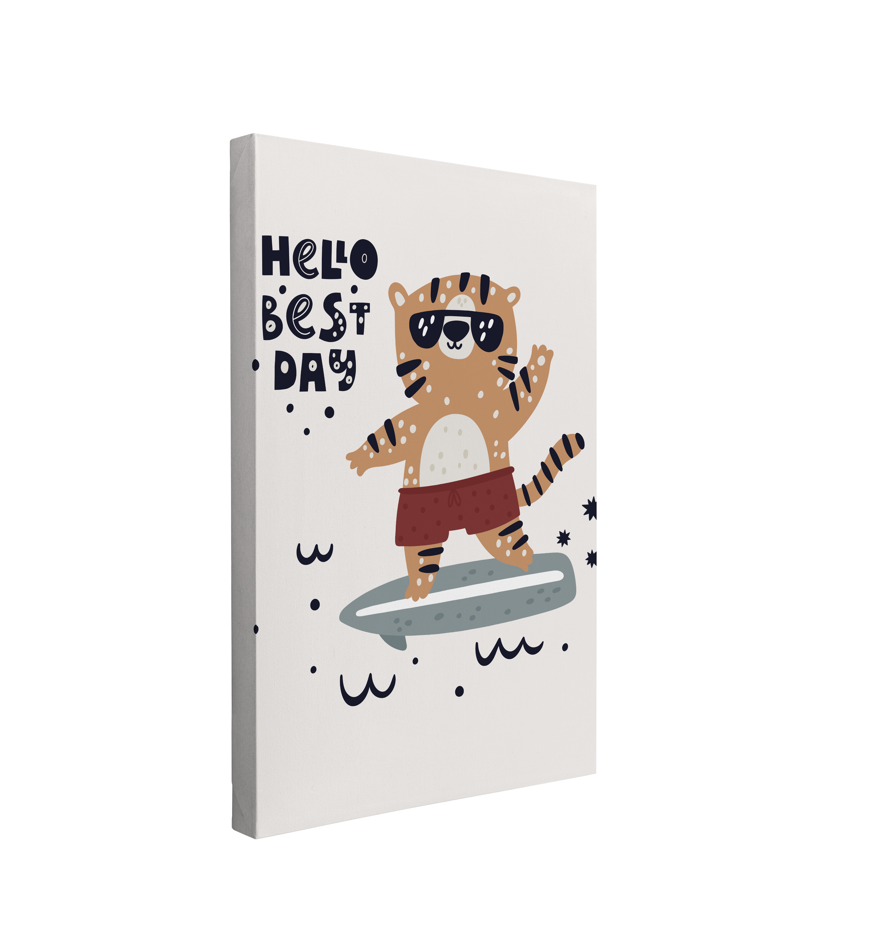 Nursery Boho Tiger Surfboarder - Hello Best Day - Canvas Print Gender Neutral Kids Room Wall Art Décor Whelhung